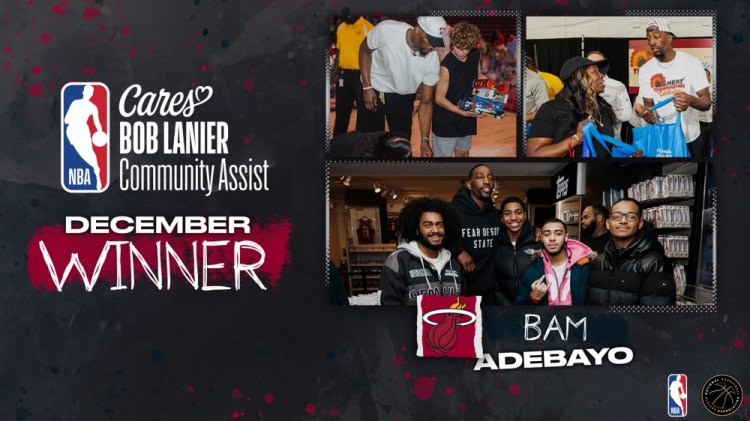 开云在线-官方：热火中锋阿德巴约获得十二月份鲍勃·兰尼尔社区关怀奖